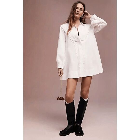 FREE PEOPLE Cherry Mini Dress Tunic White Farmhouse Rustic Pleated L Large NEW - Picture 1 of 5